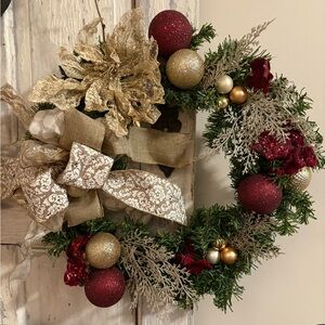 Elegant Holiday Wreath with Gold and Burgundy Accents